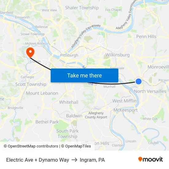 Electric Ave + Dynamo Way to Ingram, PA map
