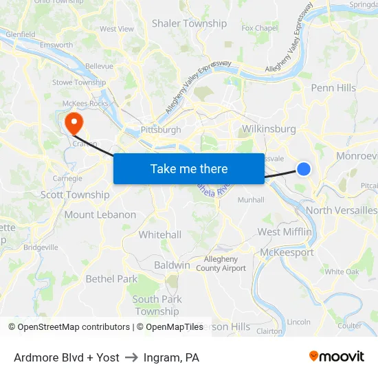 Ardmore Blvd + Yost to Ingram, PA map