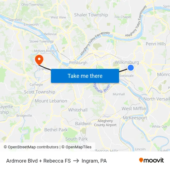 Ardmore Blvd + Rebecca FS to Ingram, PA map