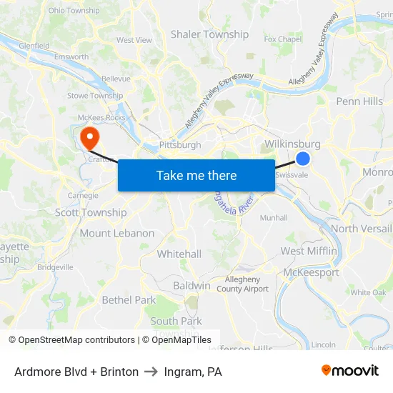 Ardmore Blvd + Brinton to Ingram, PA map