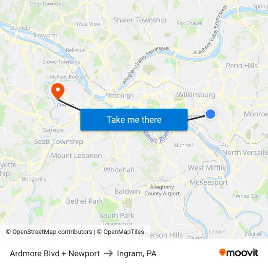 Ardmore Blvd + Newport to Ingram, PA map