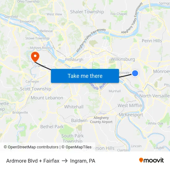 Ardmore Blvd + Fairfax to Ingram, PA map