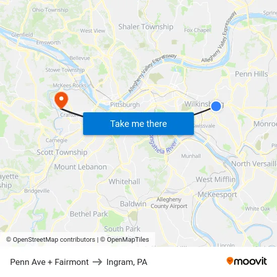 Penn Ave + Fairmont to Ingram, PA map