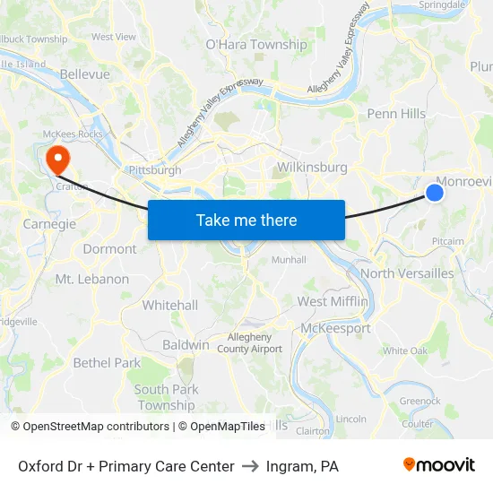 Oxford Dr + Primary Care Center to Ingram, PA map