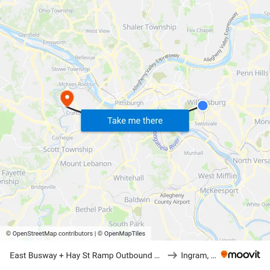 East Busway + Hay St Ramp Outbound Shelter to Ingram, PA map