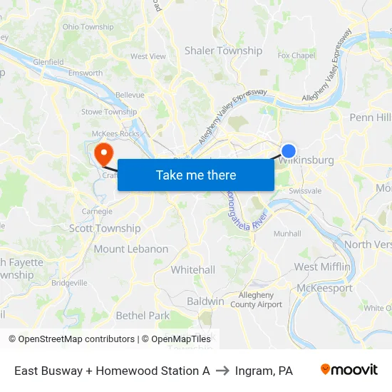 East Busway + Homewood Station A to Ingram, PA map