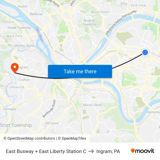 East Busway + East Liberty Station C to Ingram, PA map