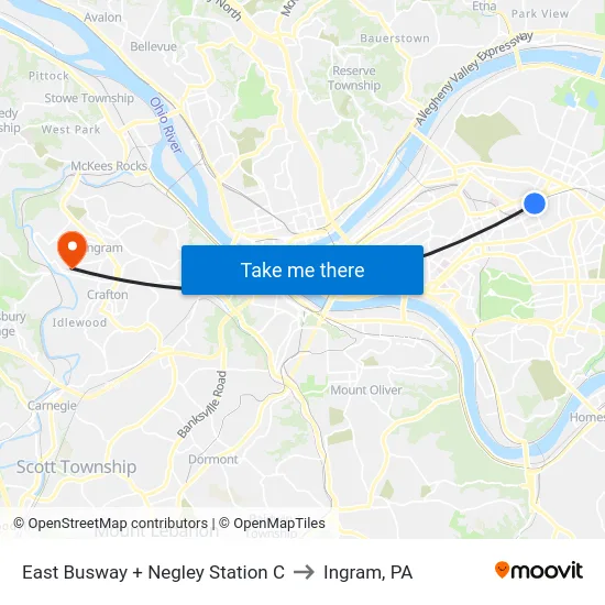 East Busway + Negley Station C to Ingram, PA map