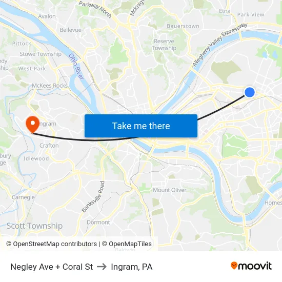 Negley Ave + Coral St to Ingram, PA map