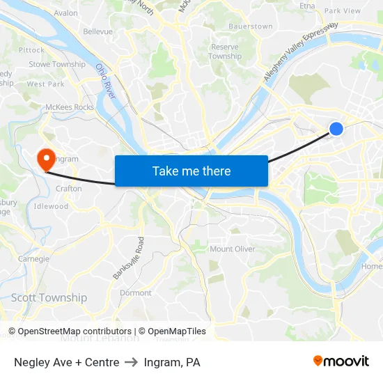 Negley Ave + Centre to Ingram, PA map