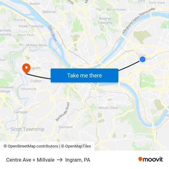 Centre Ave + Millvale to Ingram, PA map