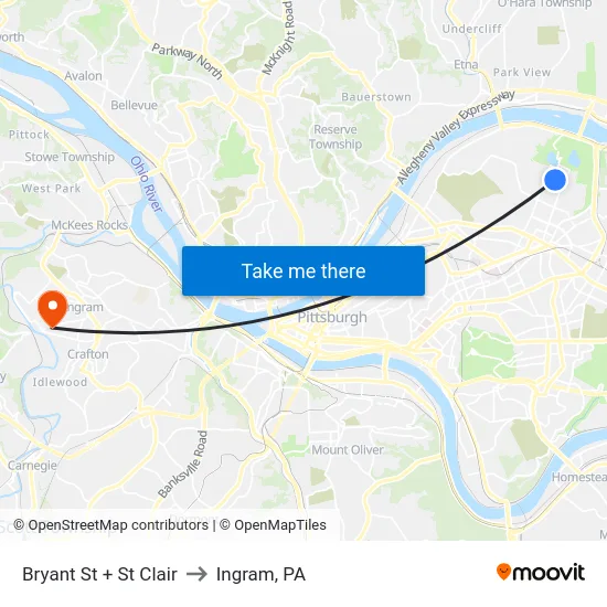 Bryant St + St Clair to Ingram, PA map