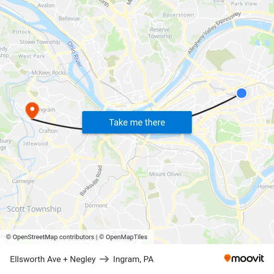 Ellsworth Ave + Negley to Ingram, PA map