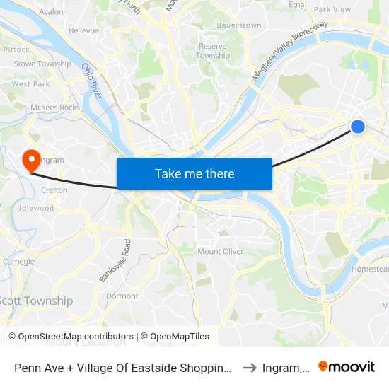 Penn Ave + Village Of Eastside Shopping Center to Ingram, PA map