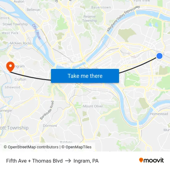 Fifth Ave + Thomas Blvd to Ingram, PA map