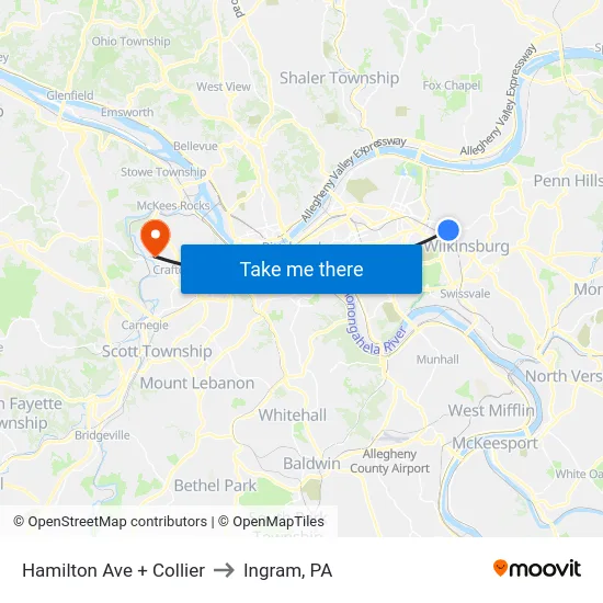 Hamilton Ave + Collier to Ingram, PA map