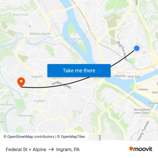 Federal St + Alpine to Ingram, PA map