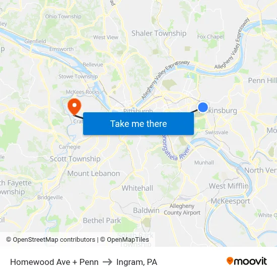 Homewood Ave + Penn to Ingram, PA map