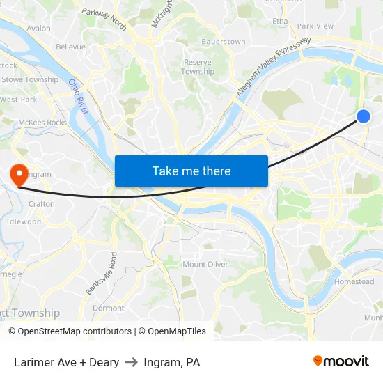Larimer Ave + Deary to Ingram, PA map