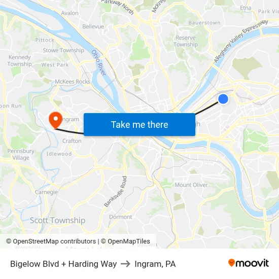 Bigelow Blvd + Harding Way to Ingram, PA map