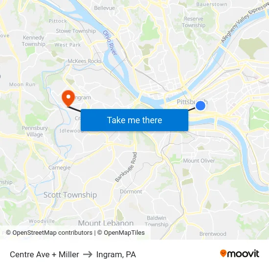 Centre Ave + Miller to Ingram, PA map