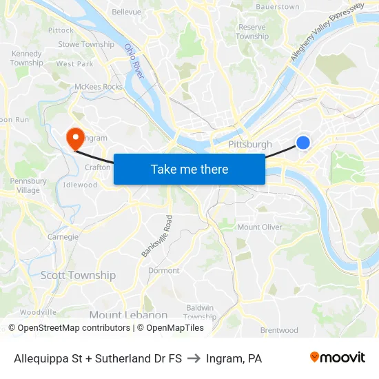 Allequippa St + Sutherland Dr FS to Ingram, PA map