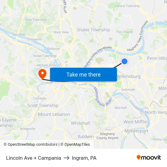 Lincoln Ave + Campania to Ingram, PA map