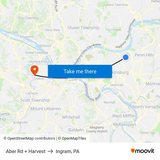 Aber Rd + Harvest to Ingram, PA map