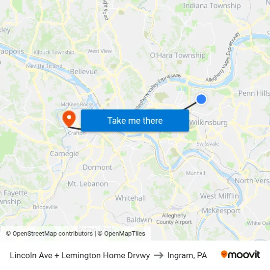 Lincoln Ave + Lemington Home Drvwy to Ingram, PA map