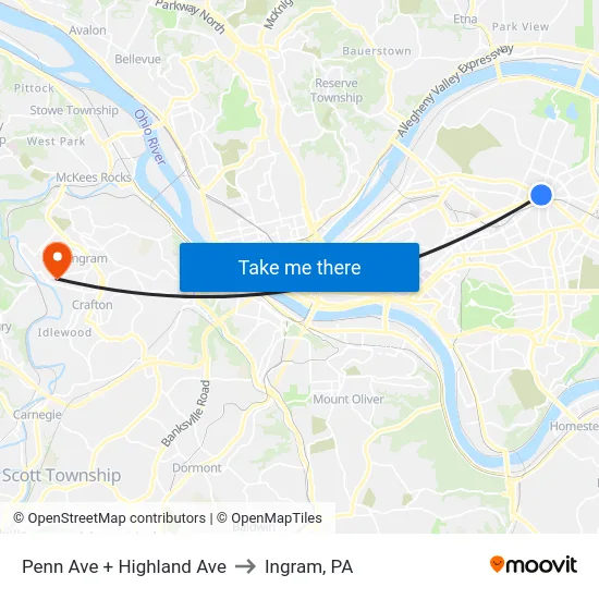 Penn Ave + Highland Ave to Ingram, PA map