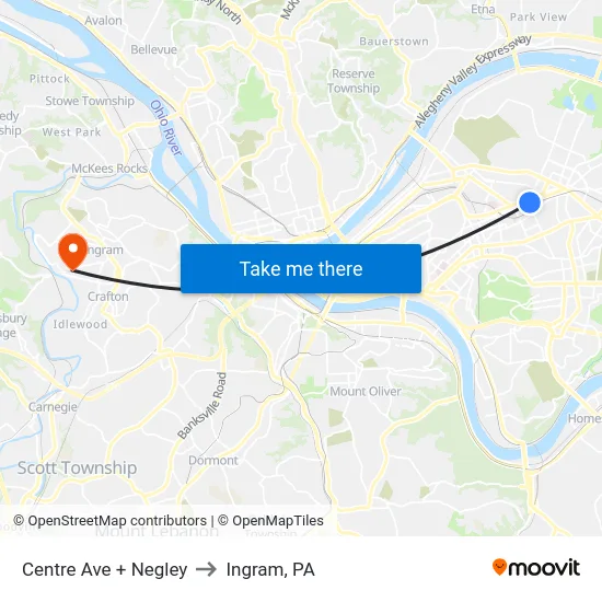 Centre Ave + Negley to Ingram, PA map