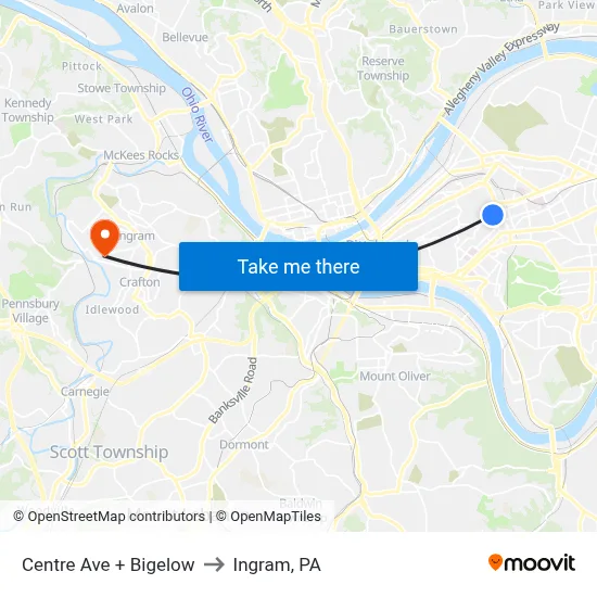 Centre Ave + Bigelow to Ingram, PA map