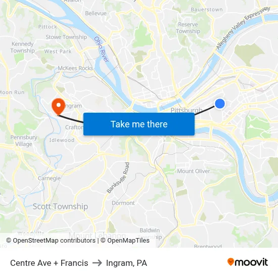 Centre Ave + Francis to Ingram, PA map