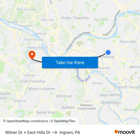 Wilner Dr + East Hills Dr to Ingram, PA map