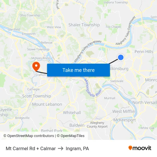 Mt Carmel Rd + Calmar to Ingram, PA map