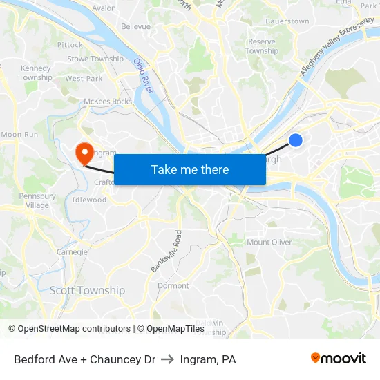 Bedford Ave + Chauncey Dr to Ingram, PA map