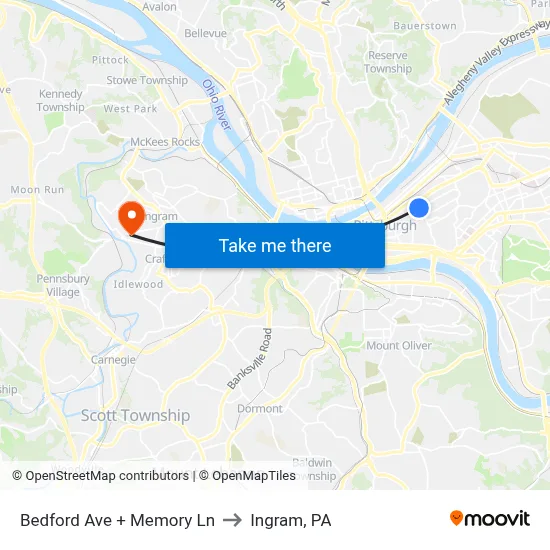 Bedford Ave + Memory Ln to Ingram, PA map