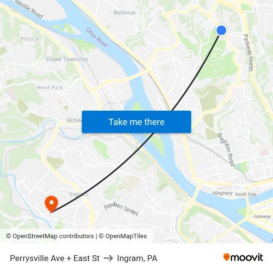Perrysville Ave + East St to Ingram, PA map