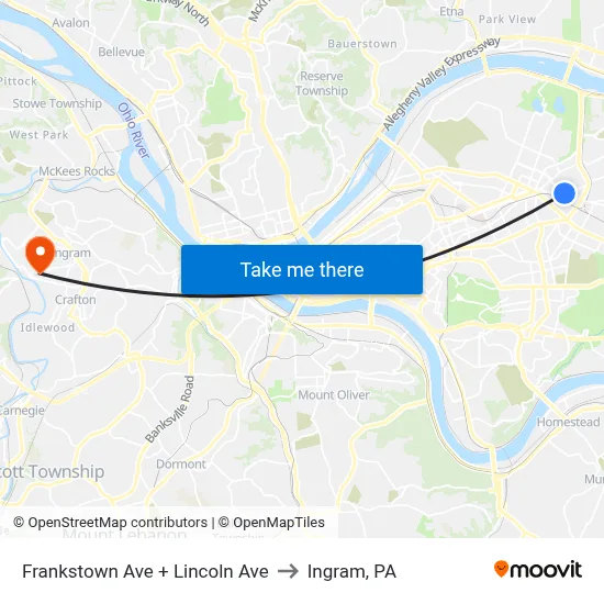 Frankstown Ave + Lincoln Ave to Ingram, PA map