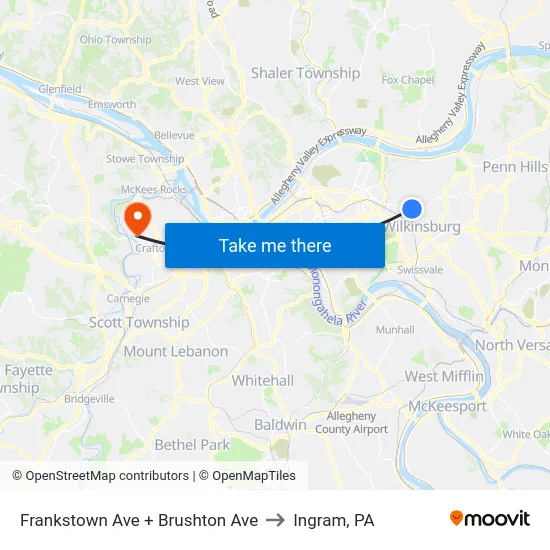Frankstown Ave + Brushton Ave to Ingram, PA map