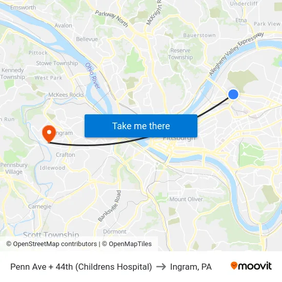 Penn Ave + 44th (Childrens Hospital) to Ingram, PA map