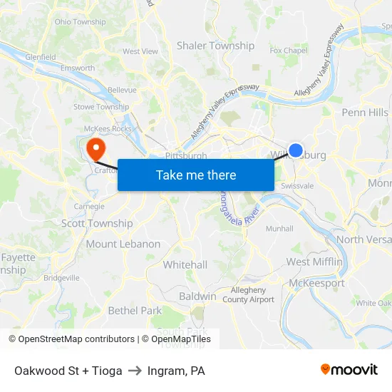 Oakwood St + Tioga to Ingram, PA map