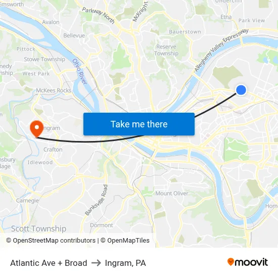 Atlantic Ave + Broad to Ingram, PA map