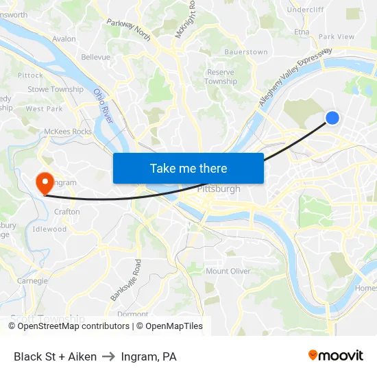 Black St + Aiken to Ingram, PA map