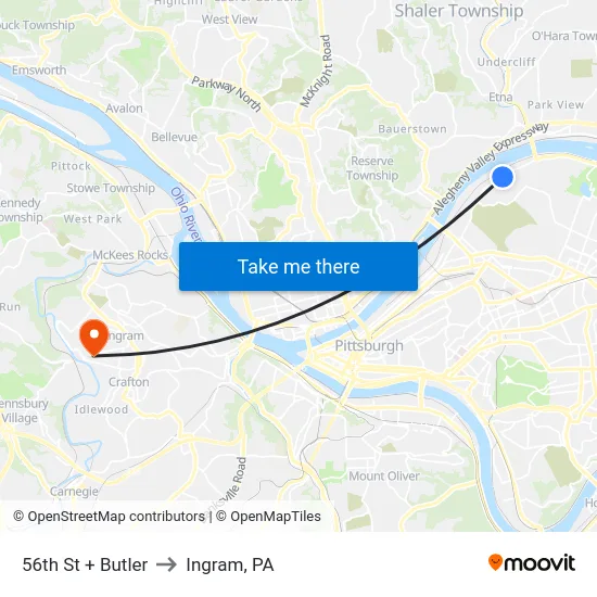 56th St + Butler to Ingram, PA map