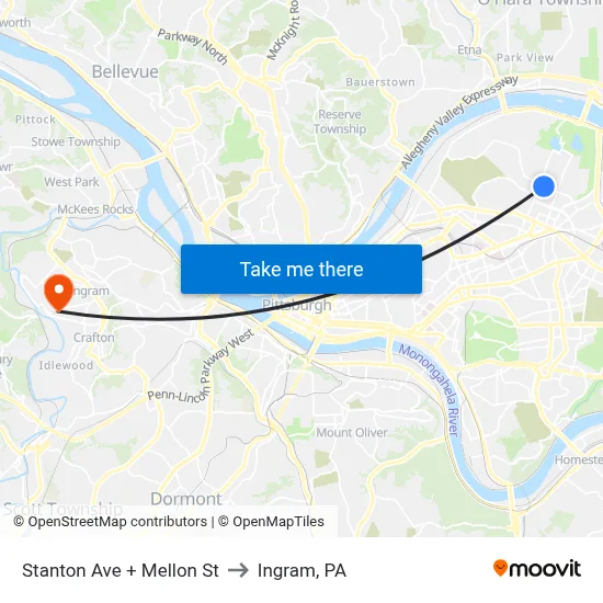 Stanton Ave + Mellon St to Ingram, PA map