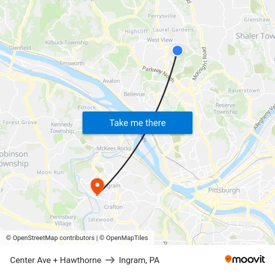 Center Ave + Hawthorne to Ingram, PA map