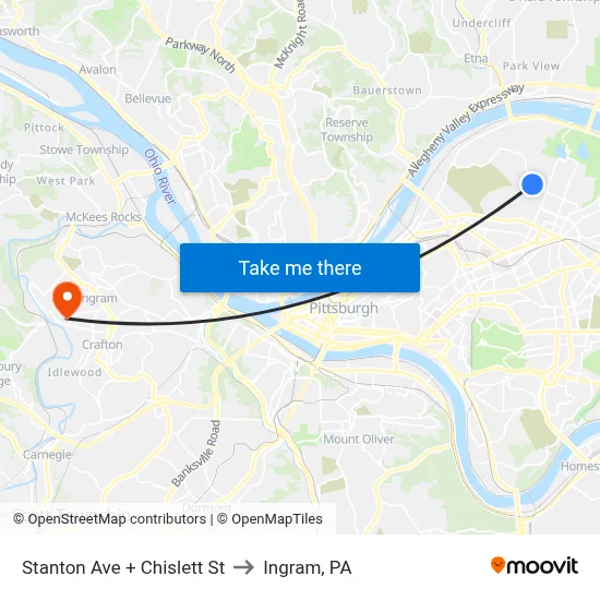 Stanton Ave + Chislett St to Ingram, PA map