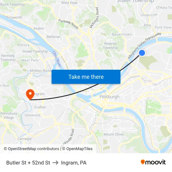 Butler St + 52nd St to Ingram, PA map
