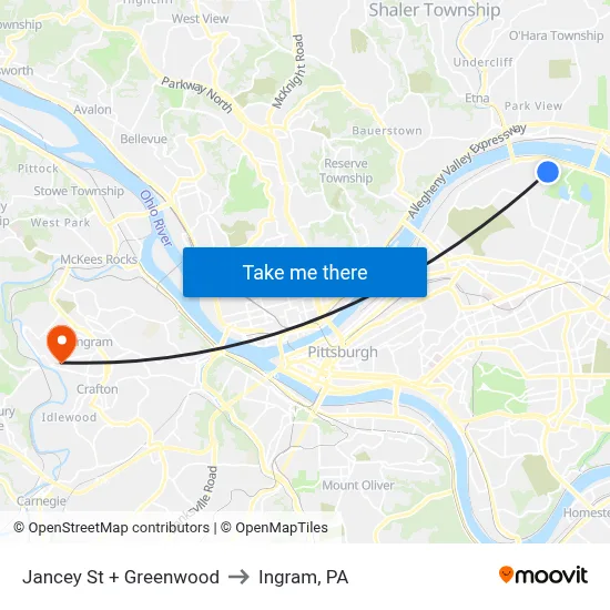 Jancey St + Greenwood to Ingram, PA map